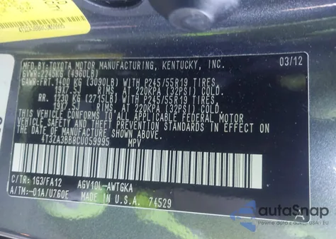 2012 Toyota Venza Le z USA, uszkodzony, nr VIN 4T3ZA3BB8CU059995